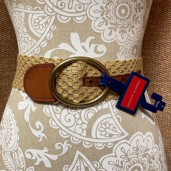 Tommy Hilfiger size S saddle leather straw woven 2” belt classic safari, coastal - Picture 1 of 10